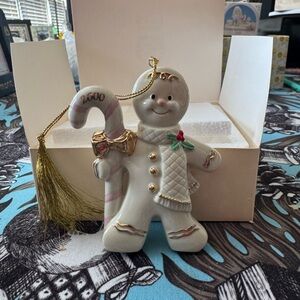 2000 Lenox White Gingerbread Ornament with Pink Candy Cane and Gold Accents